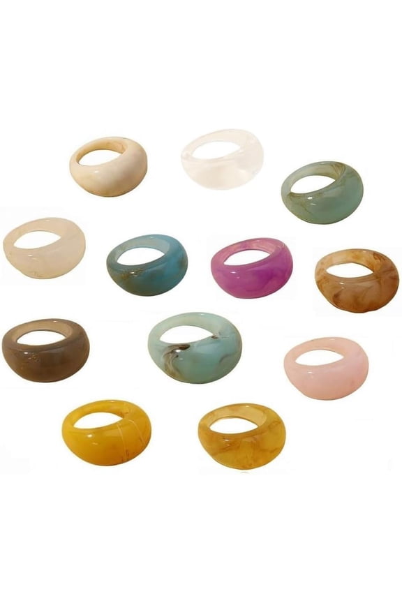 12 pcs Colorful Resin Rings Wide Thick Dome Knuckle Finger Stackable Joint Ring Retro Acrylic Transparent Vintage Jewelry Party Elegant Handmade Gift (Size 6-8)