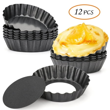 12 pcs Egg Tart Molds, 3" Mini Tart Pans Removable Bottom, Cupcake Cake Muffin Mold Tin Pan Baking Tool, Reusable Quiche Bakeware Carbon Steel for Pies, Quiche, Cheese Cakes, Desserts