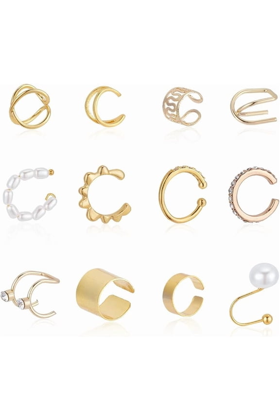 12 pcs Gold Cuff Earrings Non Piercing for Women Studs Pearl Helix Cartilage Huggie Cuff Earrings Diamonds Cartilage Clip On Earring Gold Cuff Earrings Huggie for Wedding