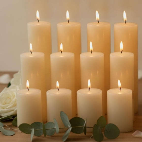 12 pcs Ivory Pillar Candles Dripless Unscented Candles Paraffin Wax Tall Tapers for Wedding Spa Birthday Holiday Bath Party Restaurant Home