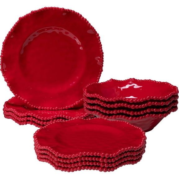 12 pcs Melamine Dinnerware Set, Ruffled Rim with Beaded Edge Plates and Bowls, Lightweight Durable Tableware for Holiday Parties, Camping, RV Trips