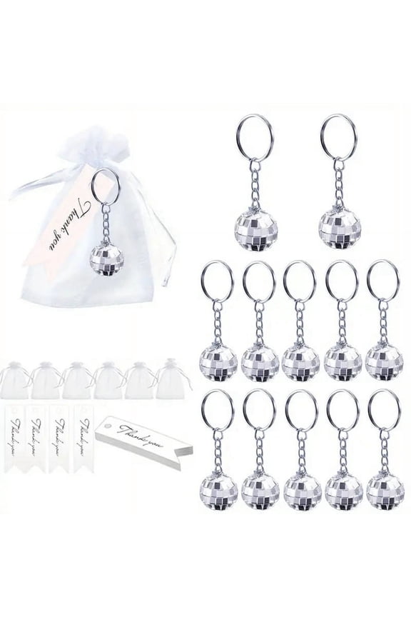 12 Pcs Mirror Disco Ball Keychain with Drawstring Sheer Organza Bags Thank You Tags 70s Accessories Party Favor