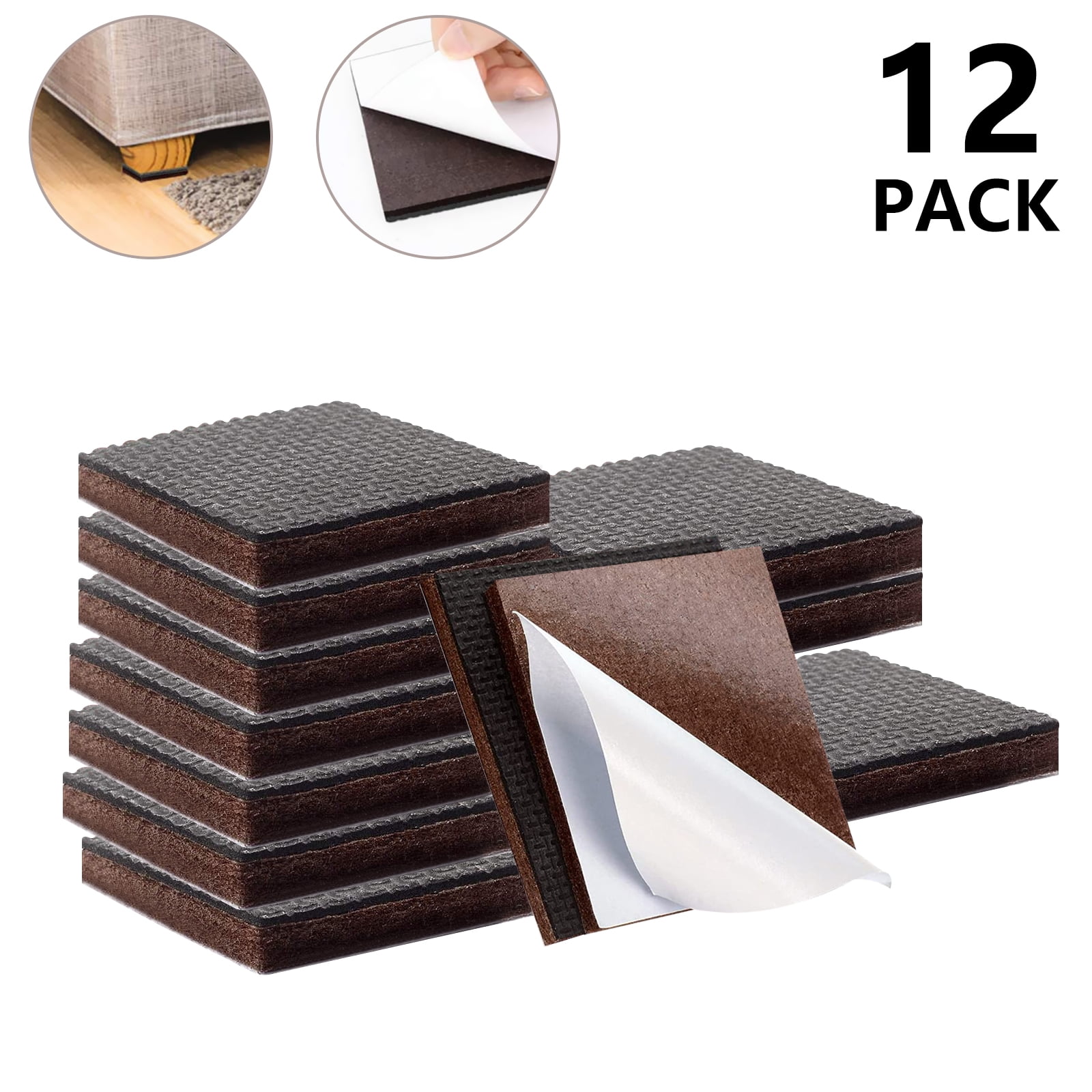 12 pcs Non Slip Furniture Pads, Furniture Floor Protectors, Self Adhesive Square Rubber Pads