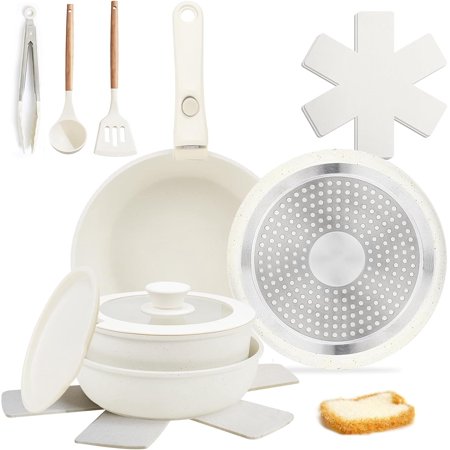MetalM 12 pcs Pots and Pan Set Non Stick with Detachable Handle, Ceramic Cookware Set for Stackable, Induction Kitchen Cookware Set for RV, Dishwasher & Oven Safe, Cream White