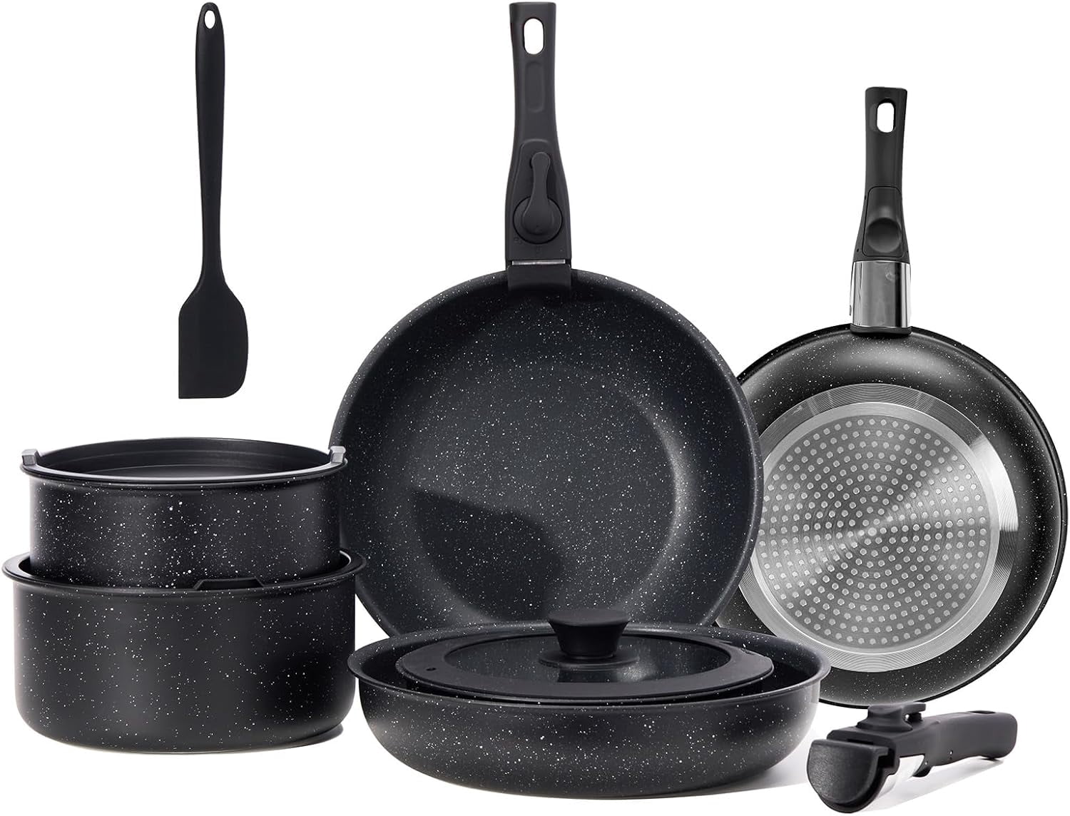 12 pcs Pots and Pans Set, Nonstick Kitchen Induction Cookware Suit with Detachable Handle, Dishwasher Oven Safe, Black