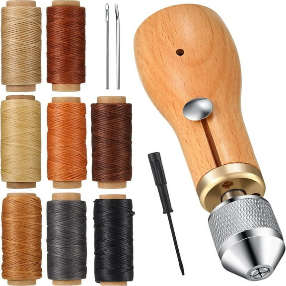 12 pcs Sewing Awl Kit Portable Leather Including Handheld Sewing Repair Awl Straight and Bent Needles and 8 Rolls Waxed Threads with Small Screwdriver for DIY Craft