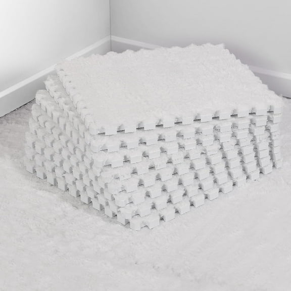 12 pcs Thickened Plush Foam Interlocking Floor Mat, Interlocking Foam Tiles with Edgings for Baby, Soft Anti-Slip Puzzle Area Square Rug Playmat for Children Room Bedroom(11.8", White)