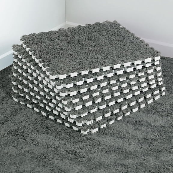 12 pcs Thickened Plush Foam Interlocking Floor Mat, Interlocking Foam Tiles with Edgings for Kids, Soft Anti-Slip Puzzle Area Square Rug Playmat for Children Room Bedroom(11.8", Gray)