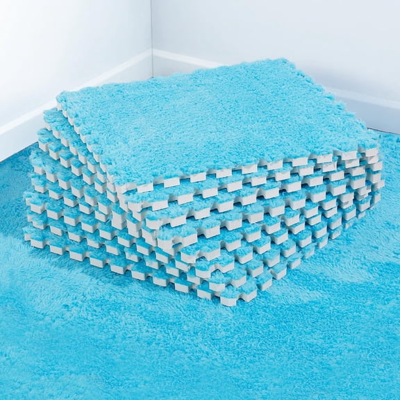 12 pcs Thickened Plush Foam Interlocking Floor Mats, Foam Mats for Floor Baby with Edgings, Soft Anti-Slip Square Foam Tiles, Puzzle Area Rug Playmat for Room Flat (11.8", Blue)