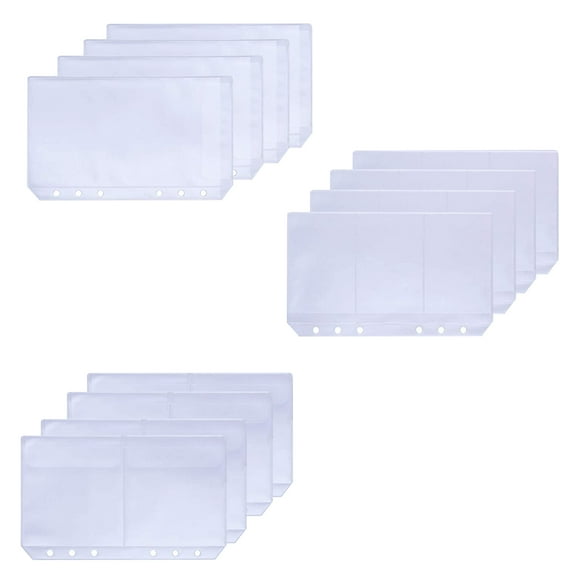 12 pcs Transparent PVC Storage Card Holder A6 Binder Rings Notebook 6 Hole Bag Envelope Zipper Insert Refill Document Organiser (3pcs for each style )