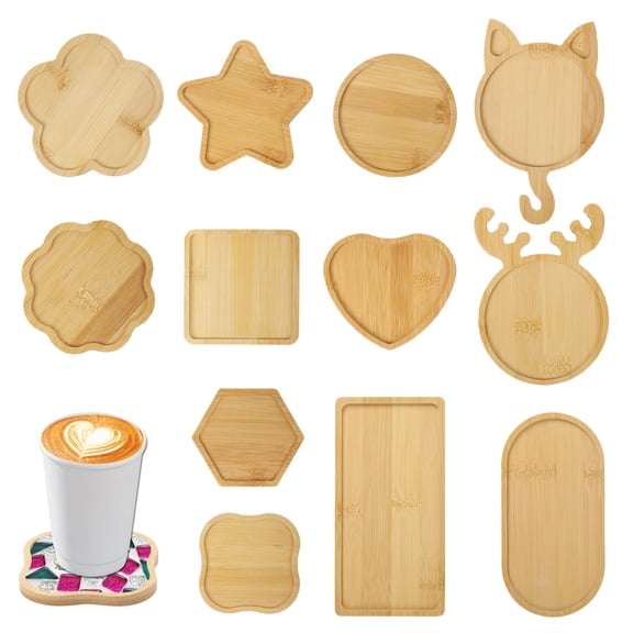 12 pcs Wooden Mosaic Bases, Assorted Shapes DIY Blank Base Trays Drinking Cup Coaster Wood Surface for Handmade Glass Tile Crafts & Mosaic Art Supplies