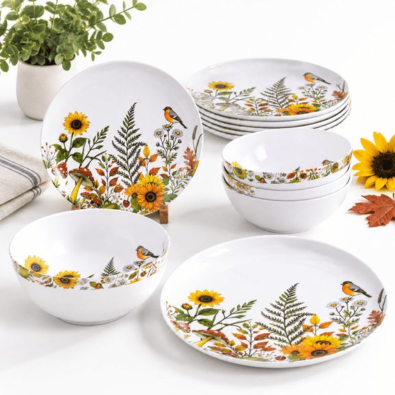 12-piece Dinnerware - Sunflower Bird Plates And Set