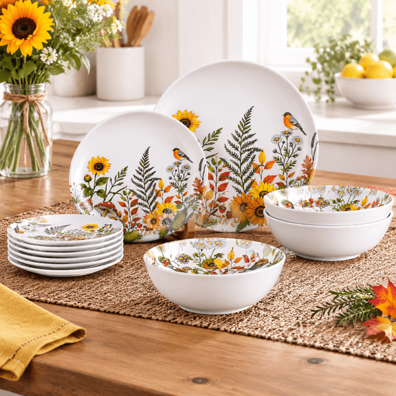 12-piece Dinnerware - Sunflower Bird Plates And Set