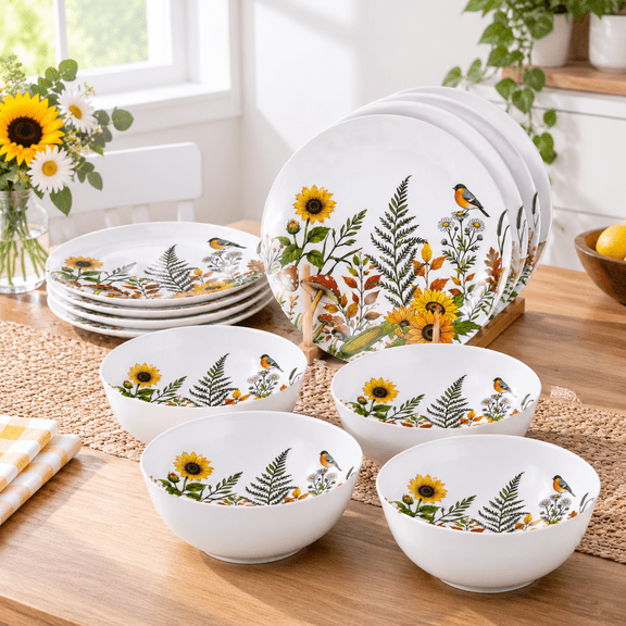 12-piece Dinnerware - Sunflower Bird Plates And Set