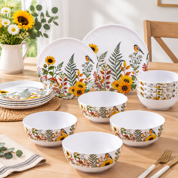 12-piece Dinnerware - Sunflower Bird Plates And Set