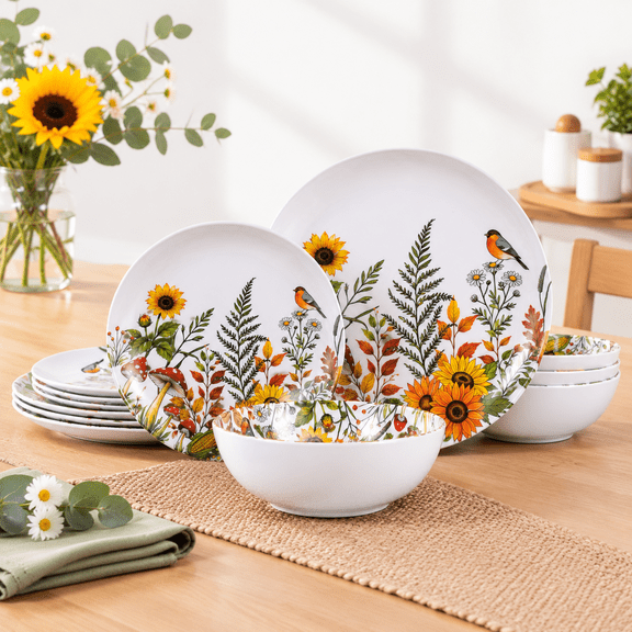 12-piece Dinnerware - Sunflower Bird Plates And Set