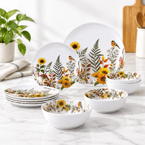12-piece Dinnerware - Sunflower Bird Plates And Set