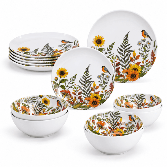 12-piece Dinnerware - Sunflower Bird Plates And Set