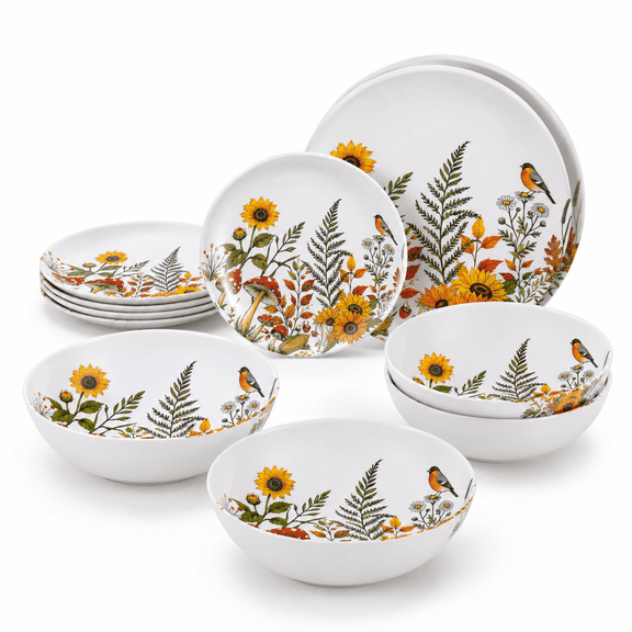 12-piece Dinnerware - Sunflower Bird Plates And Set