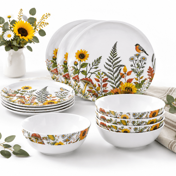 12-piece Dinnerware - Sunflower Bird Plates And Set