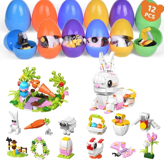 12-piece Easter Egg Building Blocks Set, 12-in-1 Farm Animal Building Blocks Toy Set for Easter Egg Hunting Easter Baskets, Toys for Boys and Girls, Perfect for Easter Parties, Easter Gifts