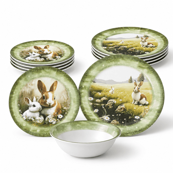12-piece Green Bunny Dinnerware Set Garden Parties & Everydaye