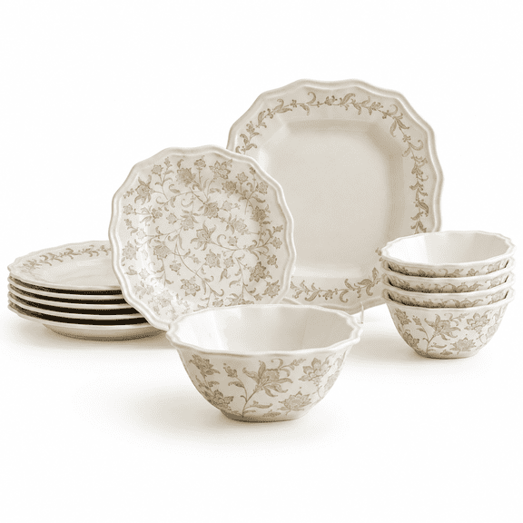 12-piece Porcelain Dinnerware Set For 4 Glossy Cream Plates And With Taupe Flowers Elegant Square Ceramic Dish Kitchen Tablewarew