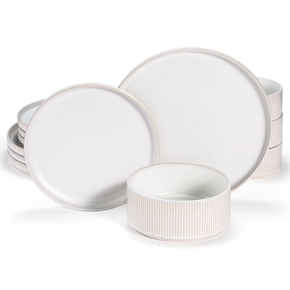 12-piece Powder White Ceramic Stoneware Dinnerware Set Service for 4