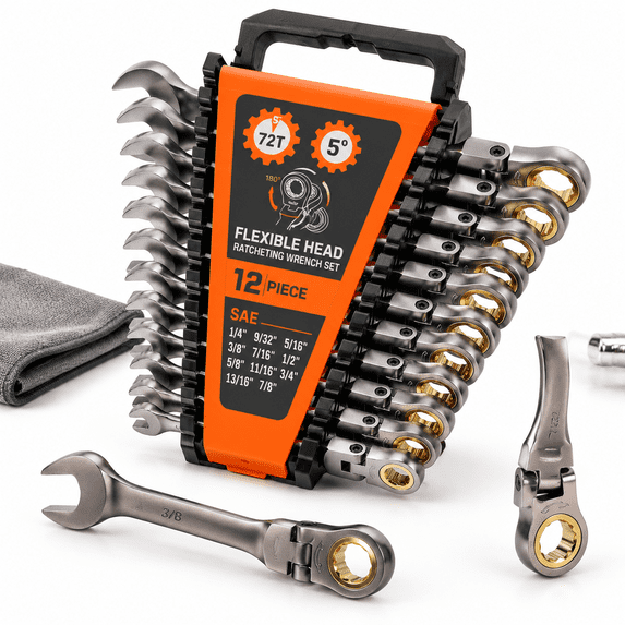12-piece Sae Flex-head Ratcheting Wrench Set With Organizer | 1/4