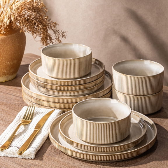 12-piece Stoneware Dinnerware Set For 4 - Ribbed Ceramic Plates And Scratch-resistantwave & Dishwasher Safe Reactive Glaze Cappuccino