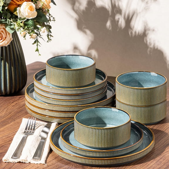 12-piece Stoneware Dinnerware Set For 4 - Ribbed Ceramic Plates And  Scratch-resistantwave & Dishwasher Safe Reactive Glaze-space Blue