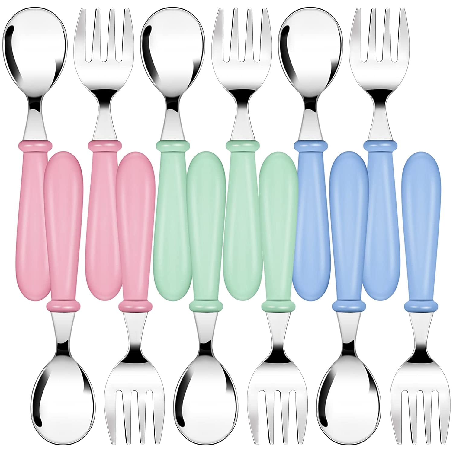 12-piece children's utensils set, children's fork and spoon stainless steel utensils set, colorful stainless steel safe utensils, round handle, baby utensils, metal children's home restaurant kitchen