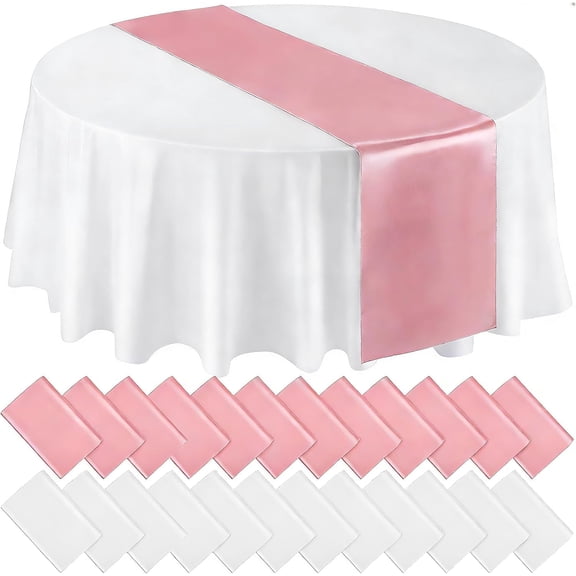 12-piece disposable round tablecloth and banner set, featuring a round plastic tablecloth and satin table banner, suitable for weddings, birthday parties, baptisms, and anniversary celebrations.