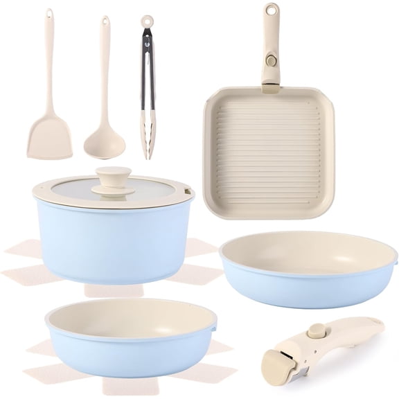 12-piece kitchen cookware set with detachable handles, non-stick cookware set, suitable for induction cooktops, RV cookware, oven compatible