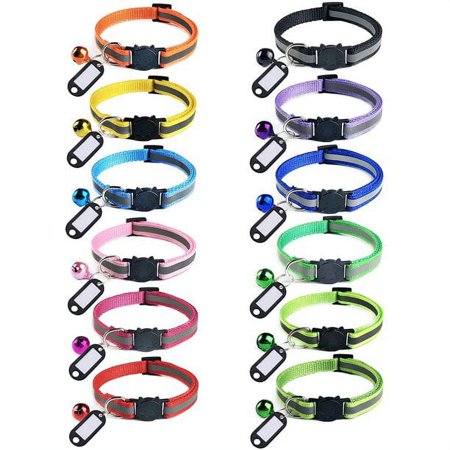 12-piece reflective separate cat collars with bells and identification tags-adjustable, super soft, durable nylon cat collars-multi-color belt safety buckle and weatherproof ID tag