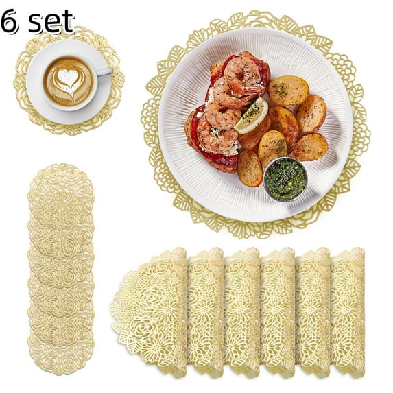 SINGOMON 12 Pieces Round Placemats, Pressed Vinyl Metallic Flower Coasters Set for Dining Table, Wedding, Party