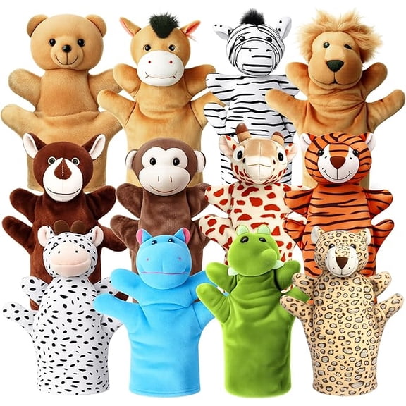 12-piece set Animal Hand Puppets Set, 22cm/8.7" Soft Plush Hand Puppets, Interactive Educational Puppets for Storytelling & Role Play, Assorted Jungle Animal Puppets for All Ages