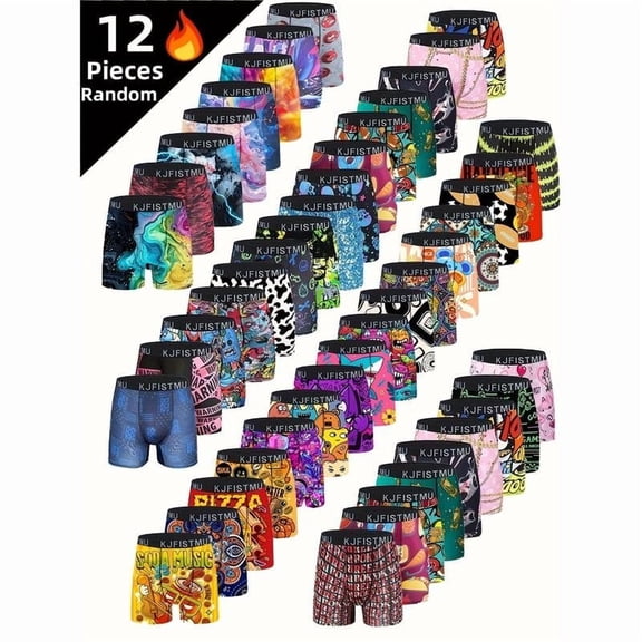 12-piece set KJFISTMU Men's Cartoon Tie-Dye Stripe Boxer Briefs - Soft, comfortable, and breathable polyester blend fabric, vibrant sports and everyday shorts, suitable for casual wear, men's mixed c