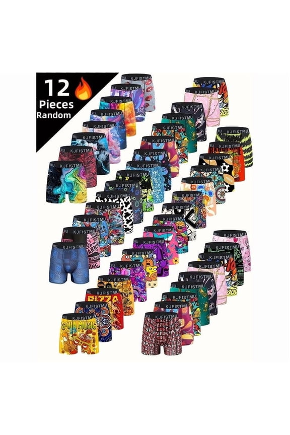12-piece set KJFISTMU Men's Cartoon Tie-Dye Stripe Boxer Briefs - Soft, comfortable, and breathable polyester blend fabric, vibrant sports and everyday shorts, suitable for casual wear, men's mixed c