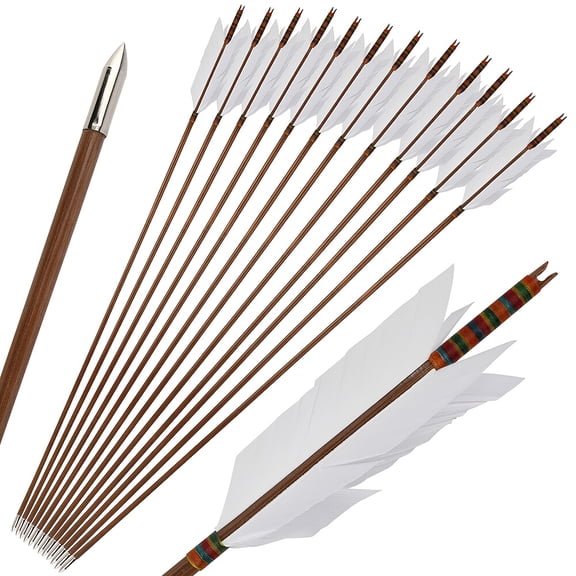 12-piece set of 33-inch (4-foot) bamboo arrows, suitable for outdoor archery, long-feathered arrows, traditional bow and arrow