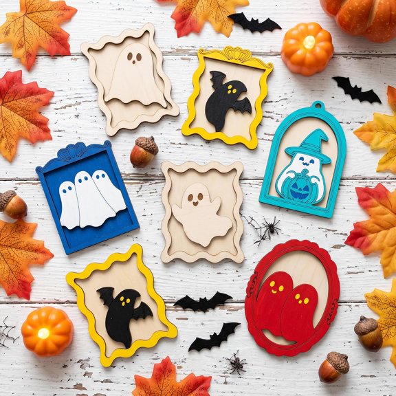 12 piece set of Halloween DIY wooden ghost frame crafts, ghost wood painting crafts, with one paintbrush included