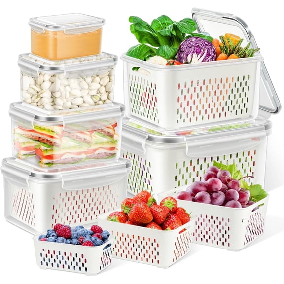 12 pieces of fruit storage containers for refrigerator sorting and storage, 6 pieces of large agricultural products storage with sealed lids and colanders, refrigerator sorting