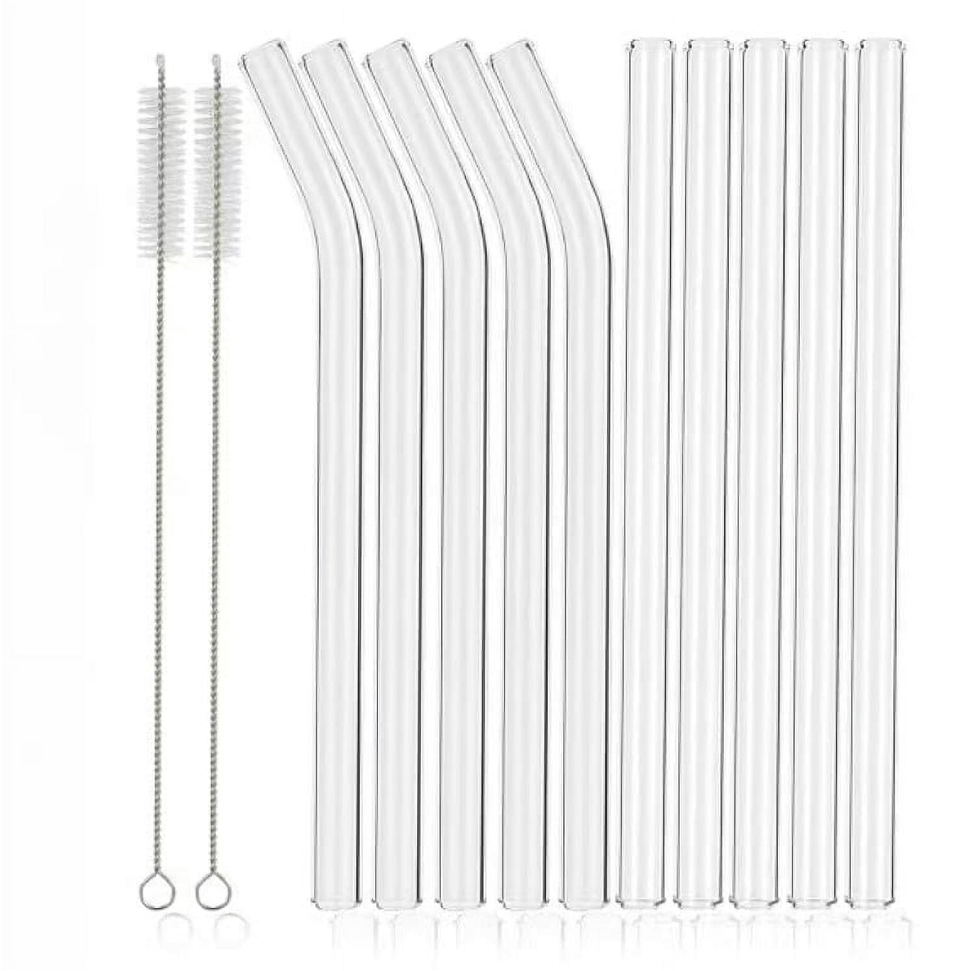 PMSSYPL12 Reusable Transparent Curved Glass Straws, 10 Mixed Straws+2 Straw Cleaning Brushes, 7 Inches X 8 Millimeters, Suitable For Juice, Coffee, Cocktails, Smoothies
