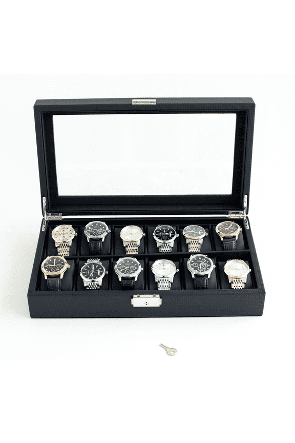 12-slot Luxury Watch Display Case for Men,Wear Resistant & Corrosion Resistant Carbon Fiber Watch Storage Box,Small Space Watch Collection Organizer for Women,Black