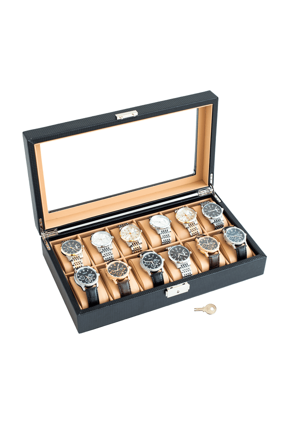 12-slot Luxury Watch Display Case for Men,Wear Resistant & Corrosion Resistant Carbon Fiber Watch Storage Box,Small Space Watch Collection Organizer for Women,Black & Brown