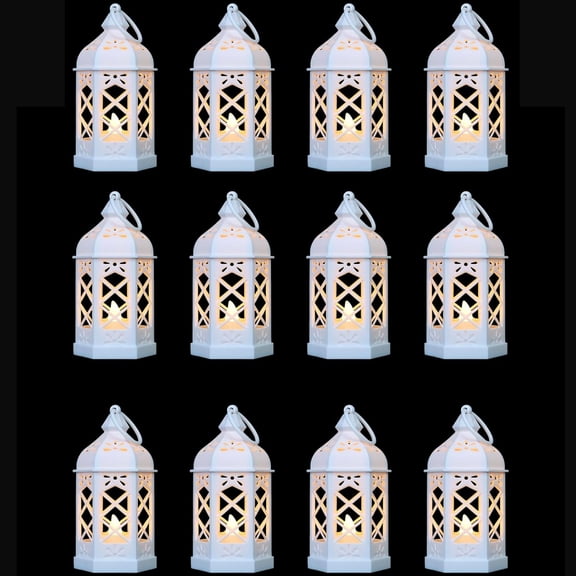 Micrency 12-Pack Mini Lanterns for Wedding,Halloween,Christmas, Small Decorative Lanterns with Flickering LED Candle for Baby Shower Party, Moroccan Lantern for Table Centerpiece, Medieval Decor, Whi