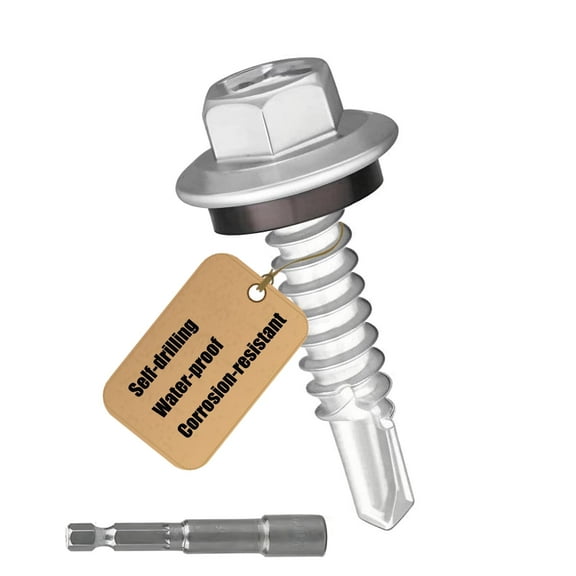 #12 x 1” Roofing Screws, Self-Drilling, Hex Head with Leak-Proof EPDM Washer, 1500H Salt Spray Tested, Silver-Coated Carbon Steel, Metal-to-Wood / Metal, Hex Socket Included(200PCS)