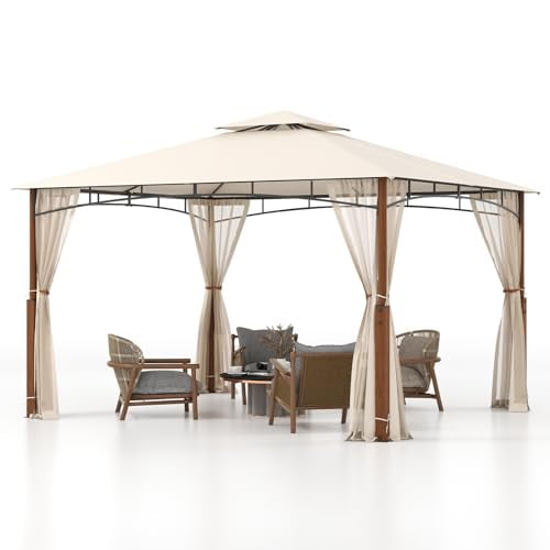 12 x 10 FT Outdoor Patio Gazebo with Mosquito Netting and Double Tier Roof Canopy for Backyard Shade