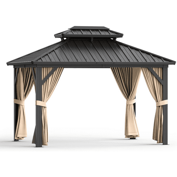 12' x 10' Heavy Duty Hardtop Gazebo Galvanized,Steel Double-layer Roof with Net and Curtain,Permanent Design Metal Gazebo for Patio Backyard Deck and Lawn