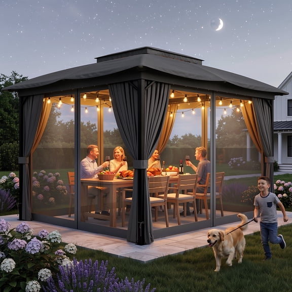 12' x 10' Outdoor Patio Gazebo, Heavy-Duty Steel Frame Canopy with Double Roof, Waterproof Pavilion Tent with Privacy Curtains & Mosquito Netting for Backyard, Deck, Lawn, Gray